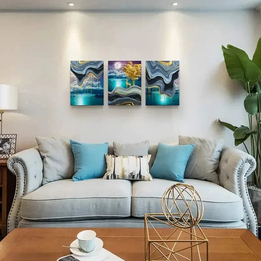 3pcs Golden Deer & Ocean Landscape  Metal Print Ready to Hang Art