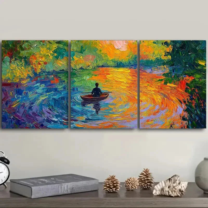 3pcs Vibrant Impressionist Lake Scene Wall Art Set Canvas Framed 40x60cm - High Quality Print 100% Australian Made Wall Canvas Ready to Hang