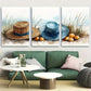 3pcs Whimsical Beach Picnic Retro Basket Straw Hat Metal Print Ready to Hang Art