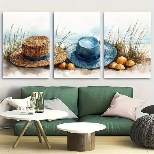 3pcs Whimsical Beach Picnic Retro Basket Straw Hat Metal Print Ready to Hang Art