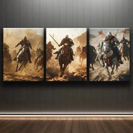 3pcs Armored Knights Battle Scene Metal Print Ready to Hang Art