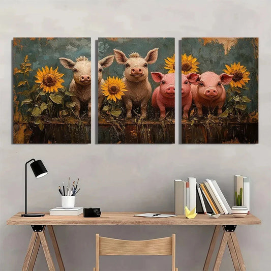 3pcs Rustic Farm Animals Donkey Cow Pig Metal Print Ready to Hang Art