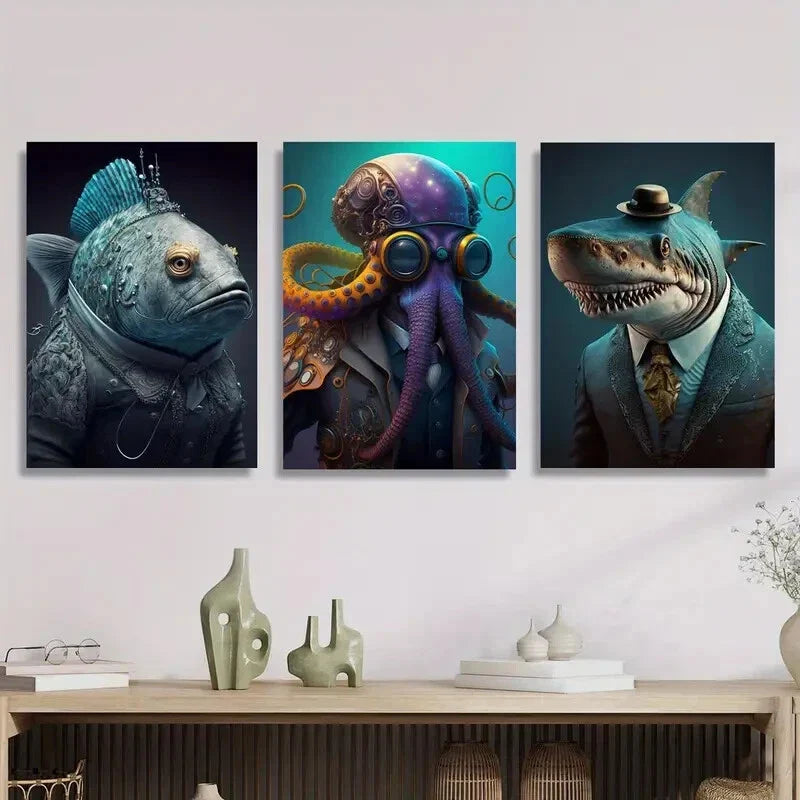 3pcs , Steampunk Octopus/Dolphin/Fish in Suits Metal Print Ready to Hang Art