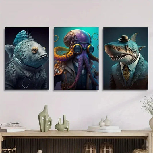 3pcs , Steampunk Octopus/Dolphin/Fish in Suits Metal Print Ready to Hang Art