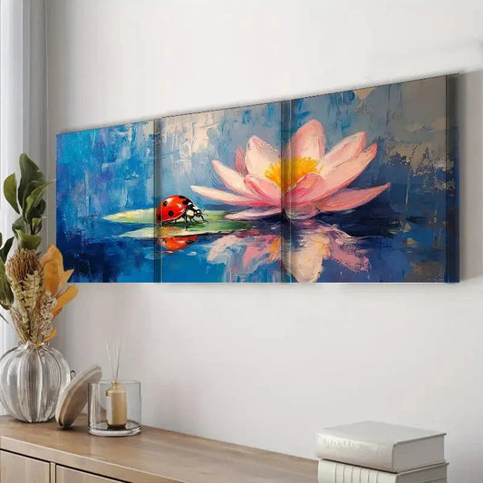 3pcs Ladybug & Water Lily Painting Bug Floral Wall Art Set Canvas Framed 40x60cm - High Quality Print 100% Australian Made Wall Canvas Ready to Hang