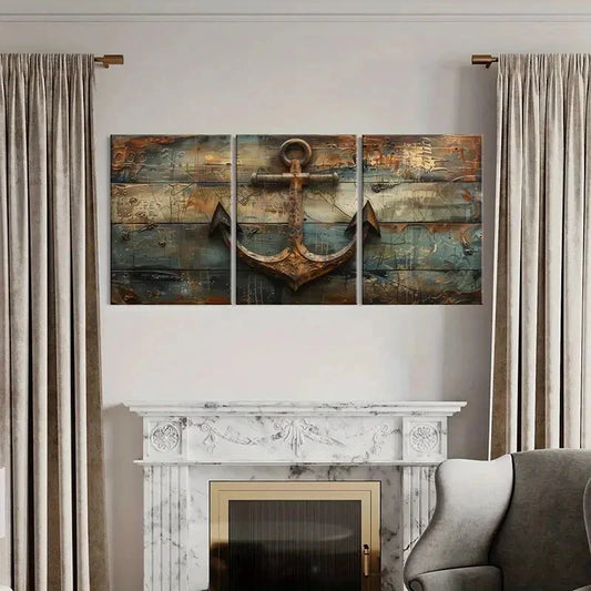 3pcs Rustic Nautical Anchor Metal Print Ready to Hang Art