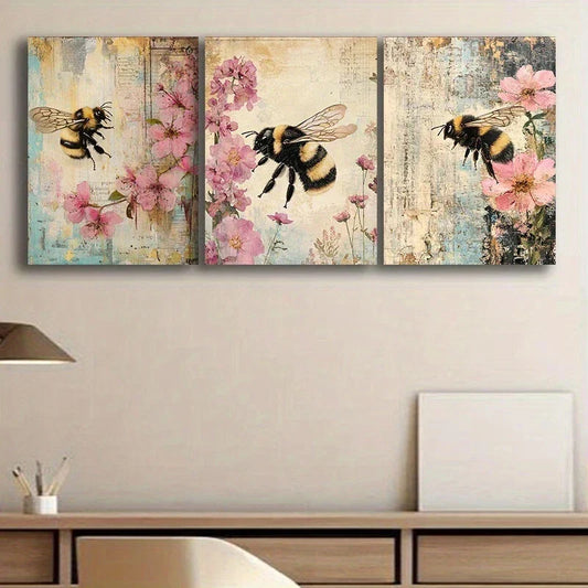 3pcs Bumblebee Flower Natural Metal Print Ready to Hang Art