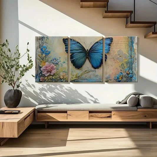 3pcs Vintage Blue Butterfly Floral Metal Print Ready to Hang Art