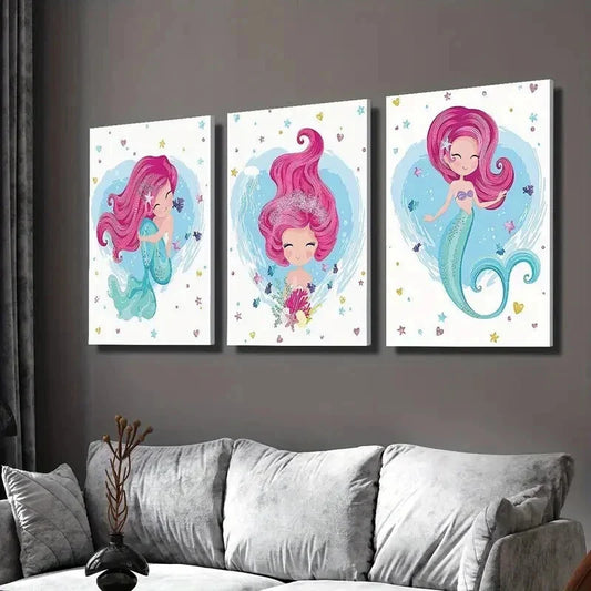 3pcs Pink Hair Light Blue Body Cute Mermaid Wall Art Set Canvas Framed 40x60cm - High Quality Print 100% Australian Made Wall Canvas Ready to Hang