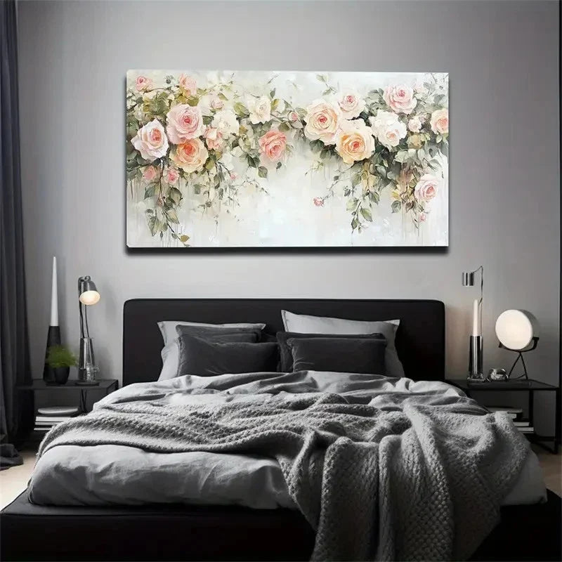 Pink & White Roses With Green Wall Art Canvas Office Home Room Framed 80x45cm