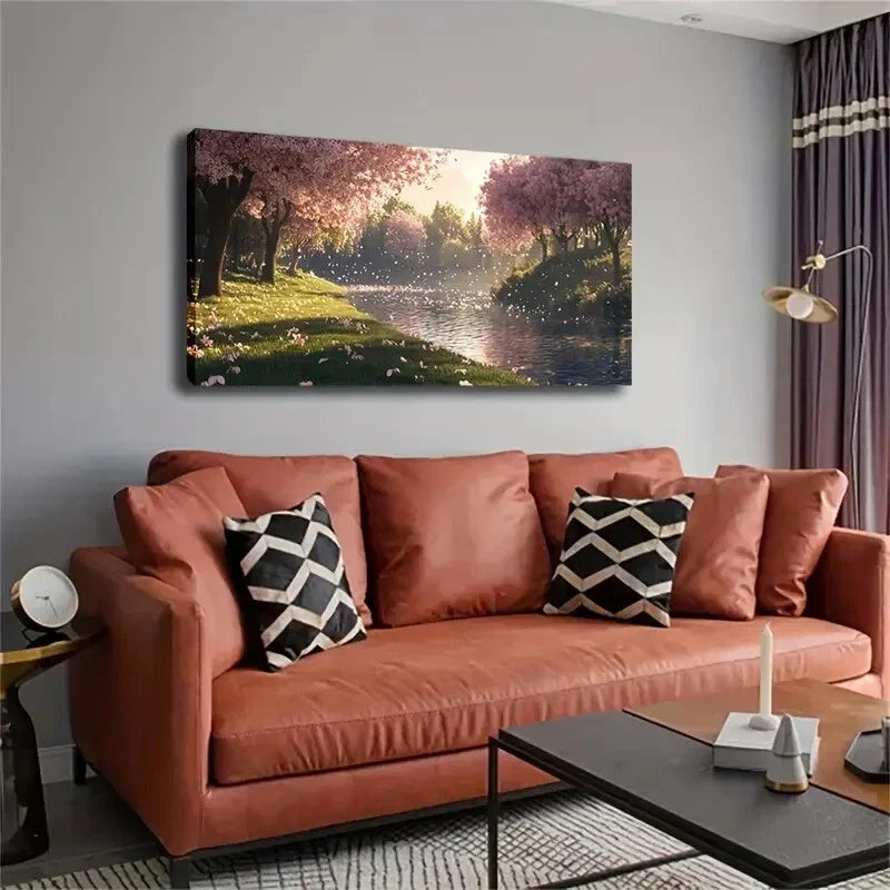 Pink Leaves Falling Grass Wall Art Canvas Office Home Room Framed 120x60cm
