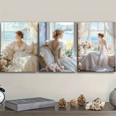 3pcs Woman In A White Dress Sitting By a Window Wall Art Set Canvas Framed 60x90cm - High Quality Print 100% Australian Made Wall Canvas Ready to Hang