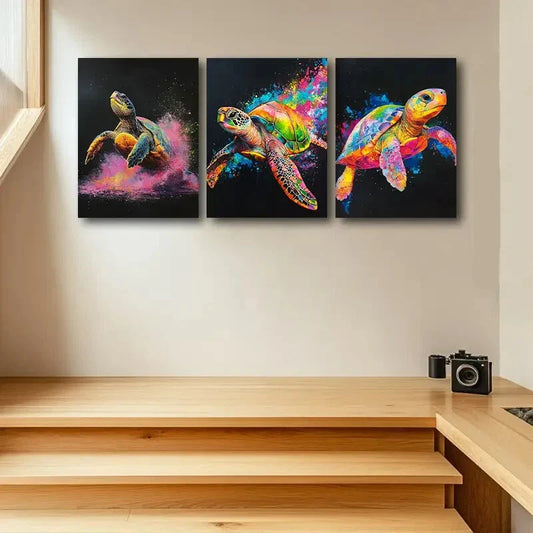 3pcs Colorful Sea Turtle with Splash Effects Metal Print Ready to Hang Art