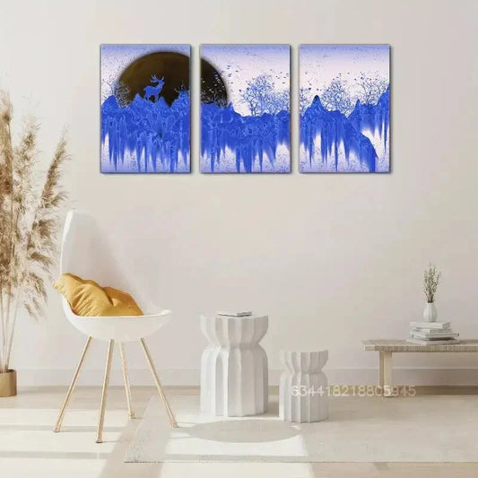 3pcs Sika deer, golden mountains, and golden trees Metal Print Ready to Hang Art