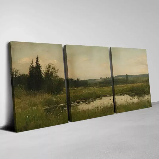 3pcs Retro Scenery with Lake & Grass Wall Art Set Canvas Framed 40x60cm - High Quality Print 100% Australian Made Wall Canvas Ready to Hang