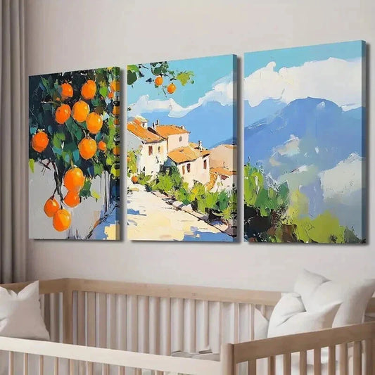 3pcs Mediterranean Rural Mural Orange Cottage Wall Art Set Canvas Framed 40x60cm - High Quality Print 100% Australian Made Wall Canvas Ready to Hang