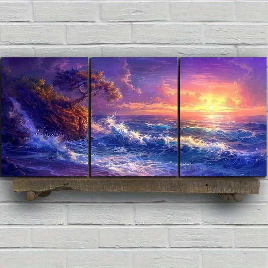 3pcs Sunset Seascape Ocean Waves and Cliff Metal Print Ready to Hang Art