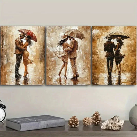 3pcs A couple is strolling in the rain Metal Print Ready to Hang Art