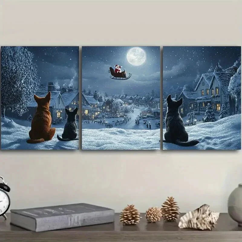 3pcs The dog looks at Santa Claus Metal Print Ready to Hang Art