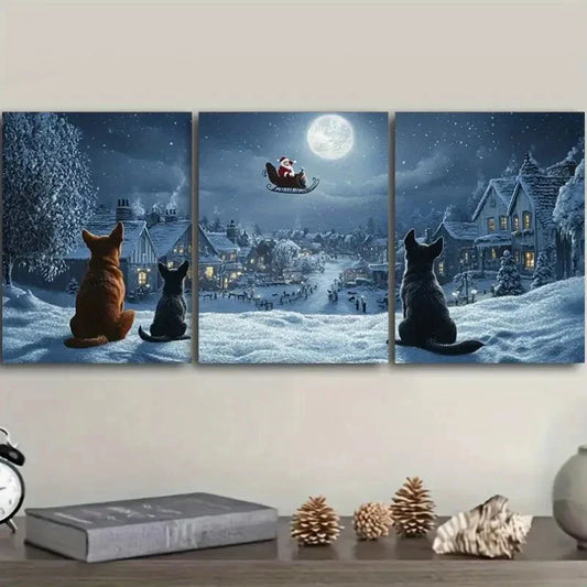 3pcs The dog looks at Santa Claus Metal Print Ready to Hang Art