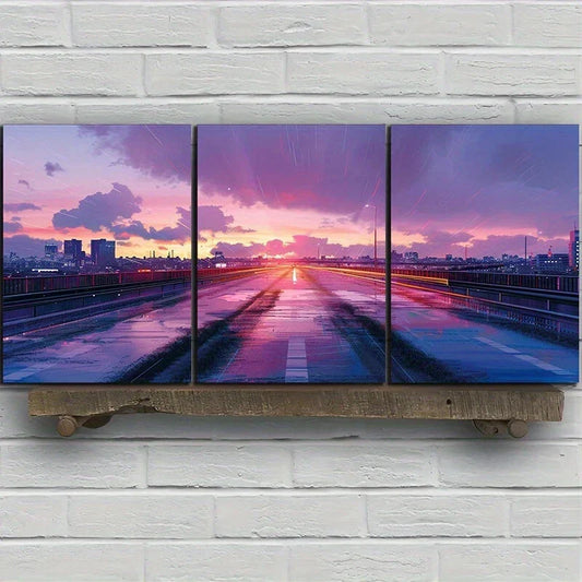 3pcs Highway Sunset Triptych Vibrant Metal Print Ready to Hang Art