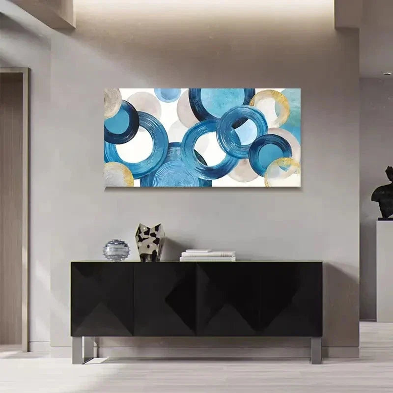 Blue Geometric Circles Design Wall Art Canvas Office Home Room Framed 120x60cm
