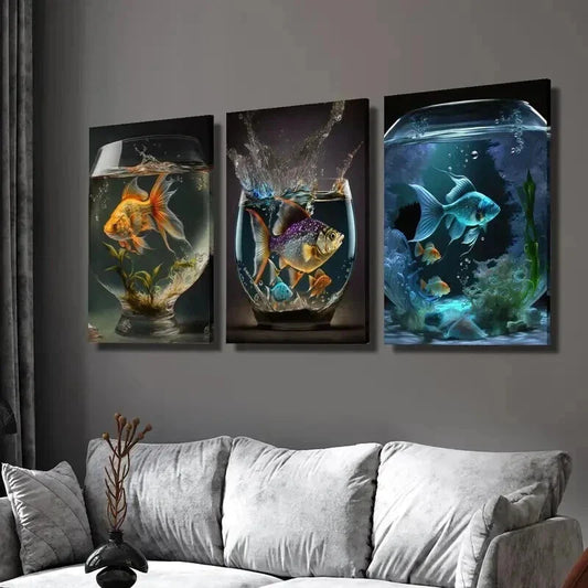 3pcs Vibrant Goldfishes in Aquarium Scene Wall Art Set Canvas Framed 40x60cm - High Quality Print 100% Australian Made Wall Canvas Ready to Hang
