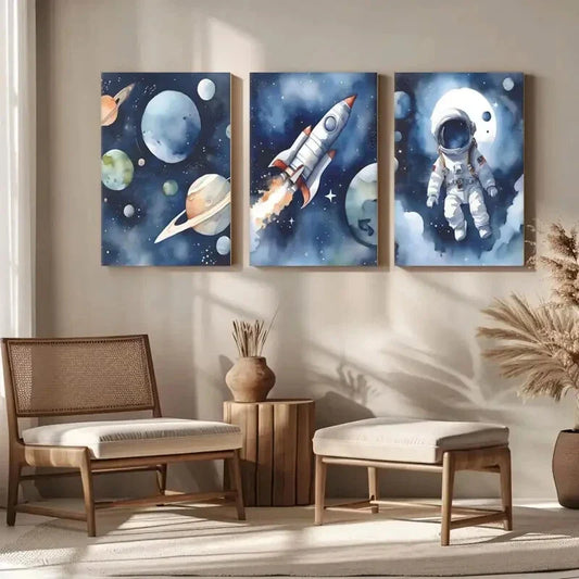 3pcs Astronaut, Planets & Rocket Watercolor Metal Print Ready to Hang Art