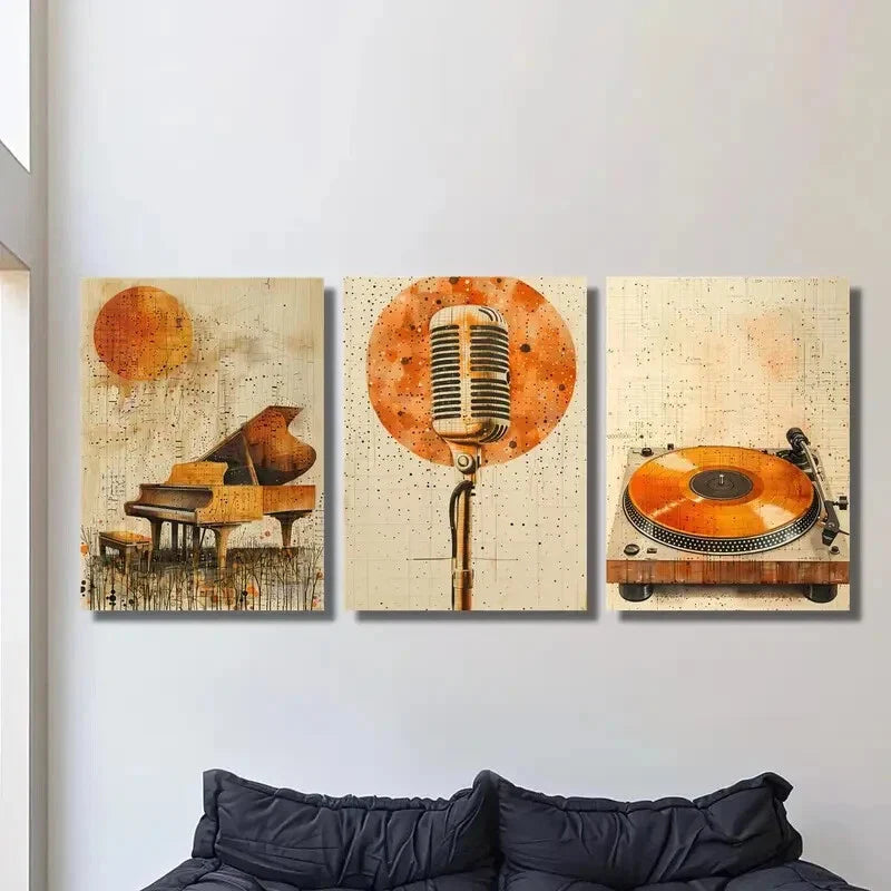 3pcs   Golden Piano, Microphone & Vinyl   Art Metal Print Ready to Hang Art