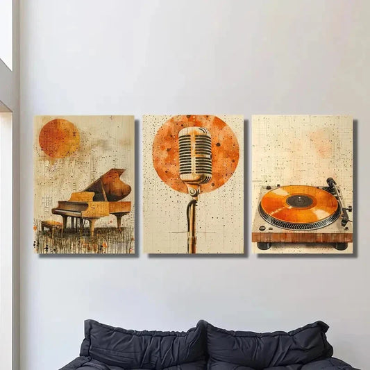 3pcs   Golden Piano, Microphone & Vinyl   Art Metal Print Ready to Hang Art