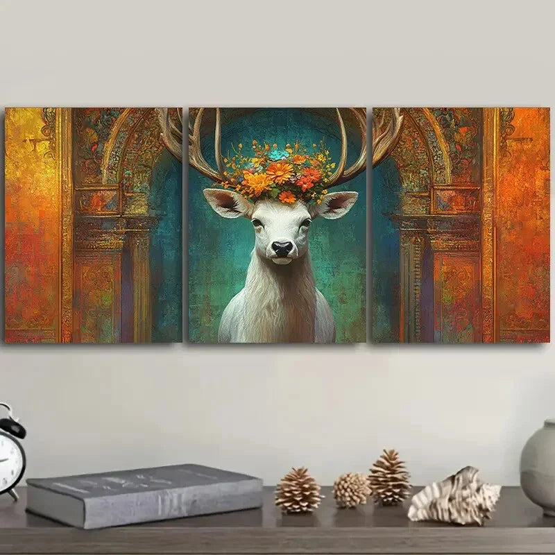3pcs A white deer with flowers on its head Wall Art Set Canvas Framed 40x60cm - High Quality Print 100% Australian Made Wall Canvas Ready to Hang