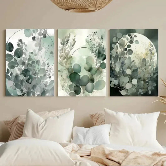 3pcs Sage Green Botanical Minimalist Modern Metal Print Ready to Hang Art