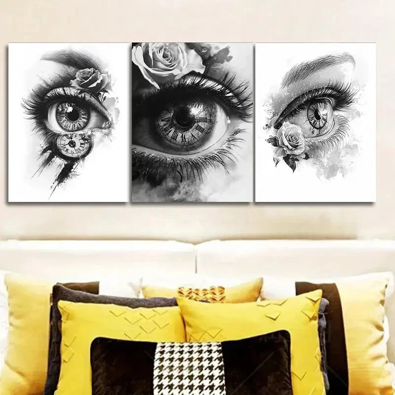 3pcs The clock in the eye Art Painting Metal Print Ready to Hang Art