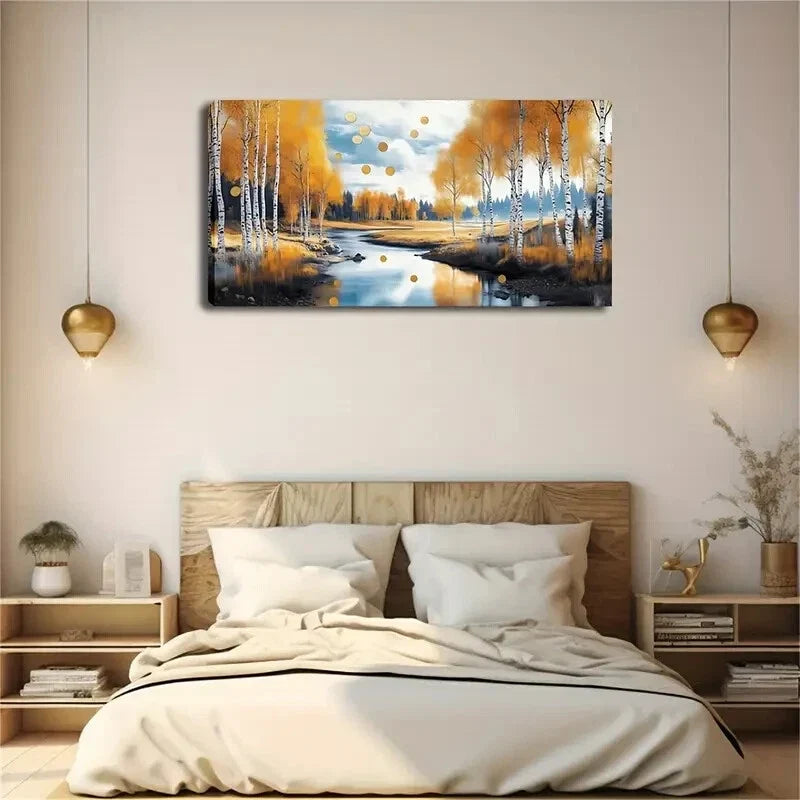 Realistic Autumn Birch Trees Wall Art Canvas Office Home Room Framed 120x60cm