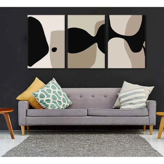 3pcs Black and Beige Boho Black Lines Neutral Metal Print Ready to Hang Art