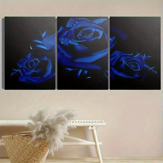 3pcs Blue Roses Modern Minimalist Fantasy Floral Metal Print Ready to Hang Art