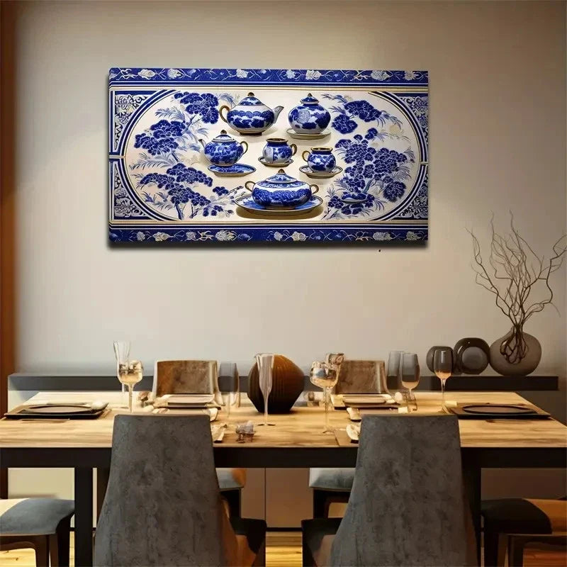 Chinese Blue And White Wall Art Canvas Office Home Room Framed 80x45cm