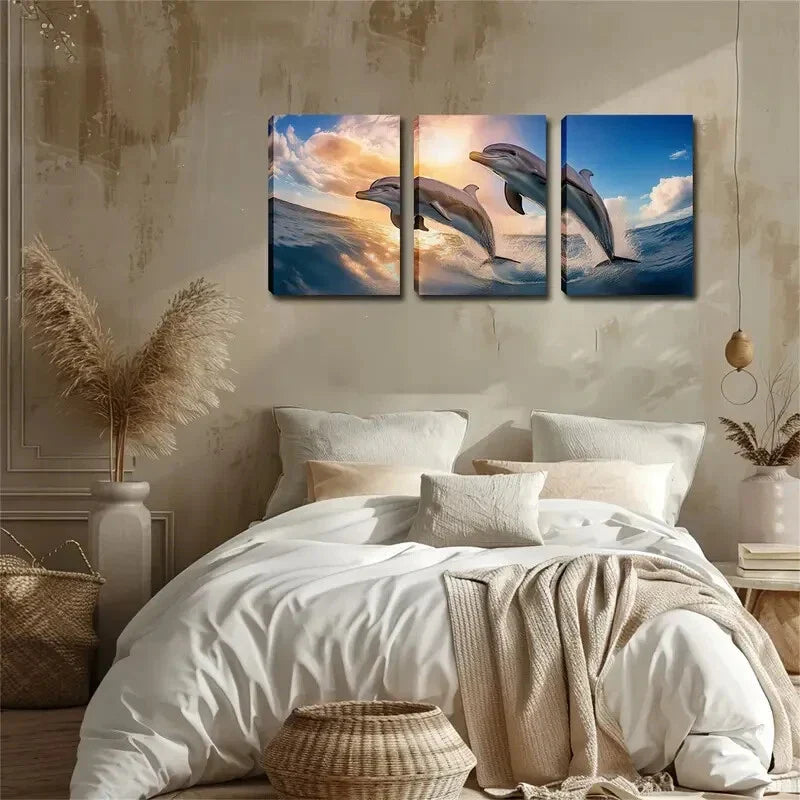 3pcs  Two Dream Dolphins Wall Art Set Canvas Framed 40x60cm - High Quality Print 100% Australian Made Wall Canvas Ready to Hang