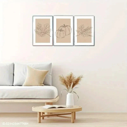 3pcs Artistic Flowers Leaves Pumpkin Poster Metal Print Ready to Hang Art