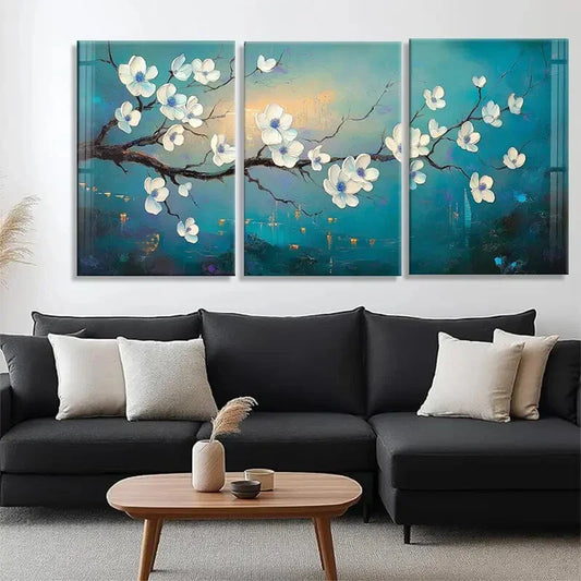 3pcs Blue & White Tones Flower Tranquil Perfect Wall Art Set Canvas Framed 40x60cm - High Quality Print 100% Australian Made Wall Canvas Ready to Hang