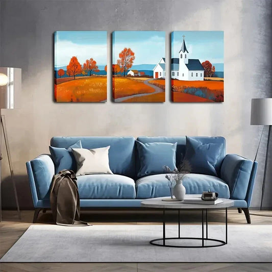 3pcs Countryside Scene with Church & Orange Wall Art Set Canvas Framed 40x60cm - High Quality Print 100% Australian Made Wall Canvas Ready to Hang