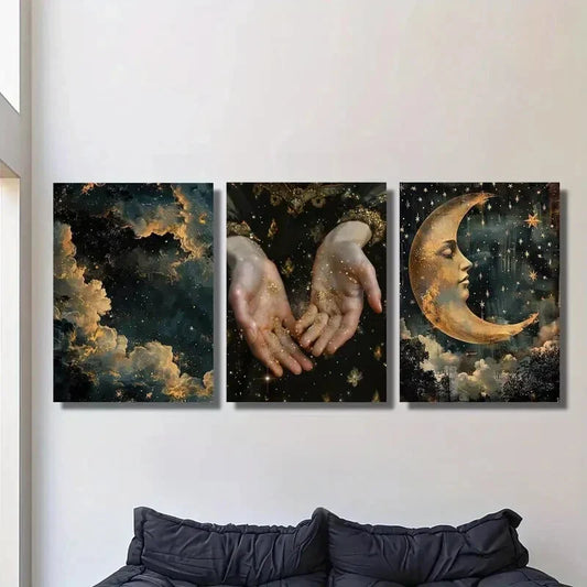 3pcs Abstract night, magic shine in hand, Metal Print Ready to Hang Art