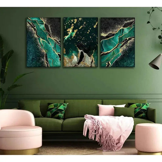 3pcs   Green and Golden Marble Texture Metal Print Ready to Hang Art