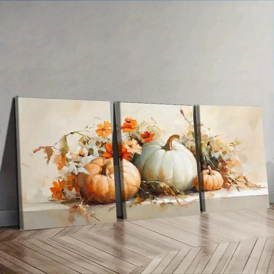 3pcs Paintings of pumpkins and flowers Wall Art Set Canvas Framed 40x60cm - High Quality Print 100% Australian Made Wall Canvas Ready to Hang