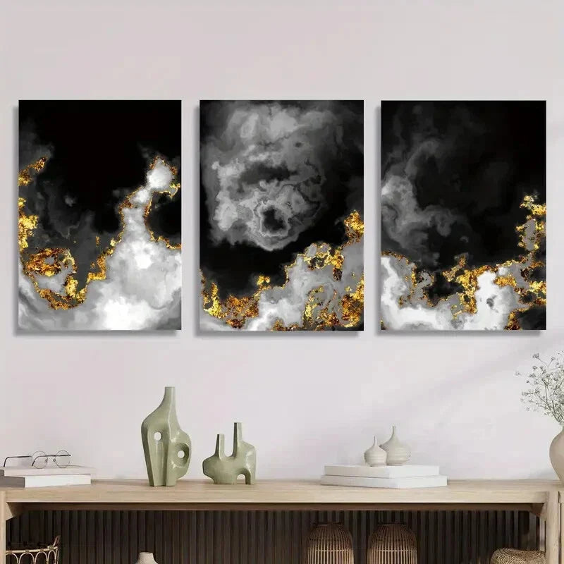 3pcs Black and gold abstract space clouds, Metal Print Ready to Hang Art