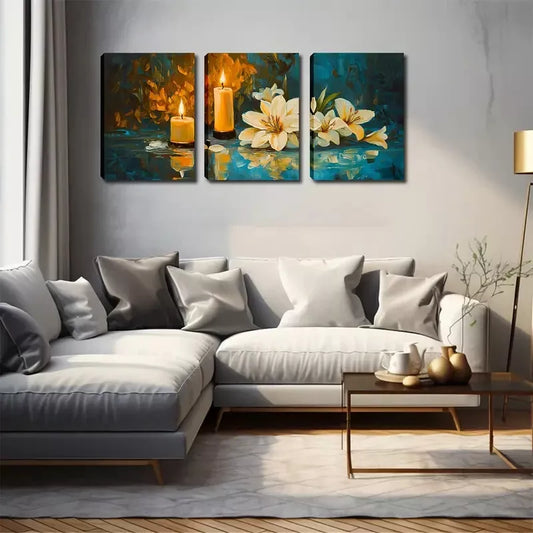 3pcs Warm Flowers And Candles,  Wall Art Set Canvas Framed 40x60cm - High Quality Print 100% Australian Made Wall Canvas Ready to Hang