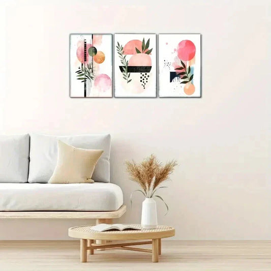 3pcs Pink Pattern And Green Leaves Decorative Metal Print Ready to Hang Art