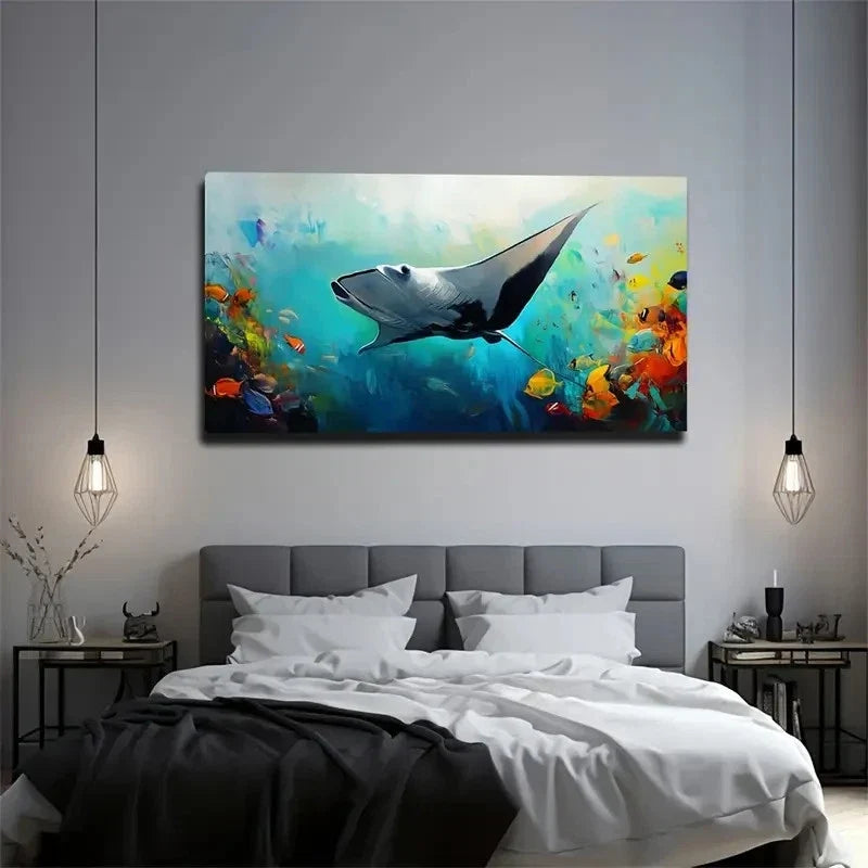 Vibrant Underwater Stingray Wall Art Canvas Office Home Room Framed 120x60cm