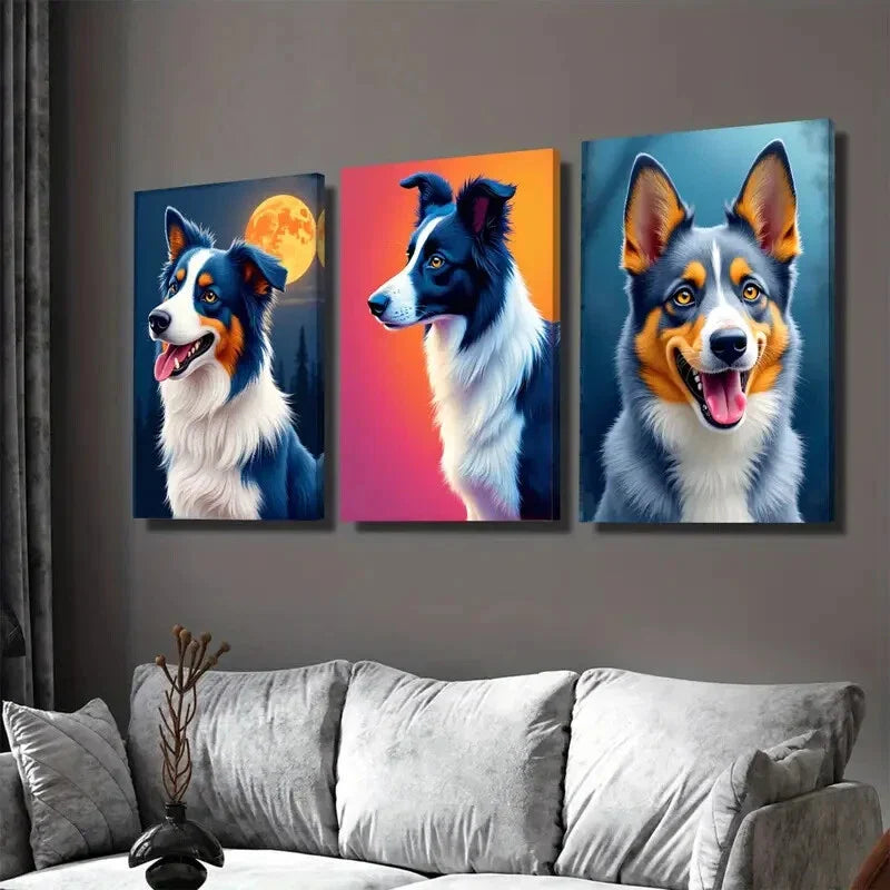 3pcs Vibrant Moonlight Sky Forest Collie Dog Wall Art Set Canvas Framed 40x60cm - High Quality Print 100% Australian Made Wall Canvas Ready to Hang