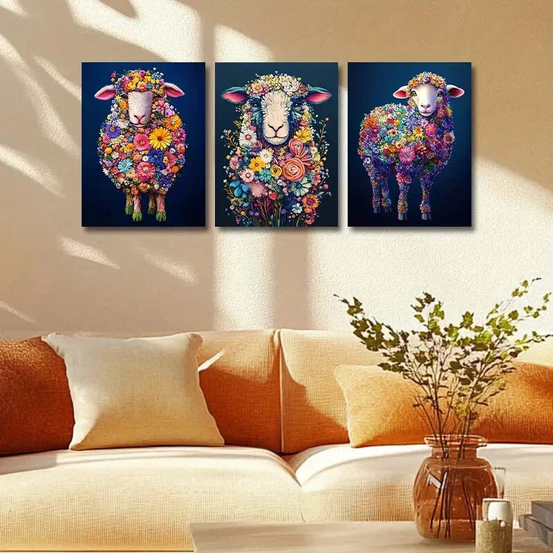 3pcs Colorful Sheep made of flowers Metal Print Ready to Hang Art